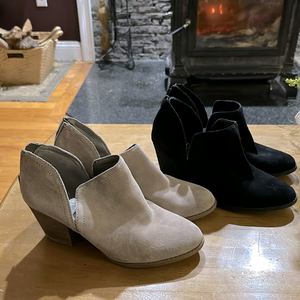 Fergie Suede Cutout Ankle Booties in Beige and Black